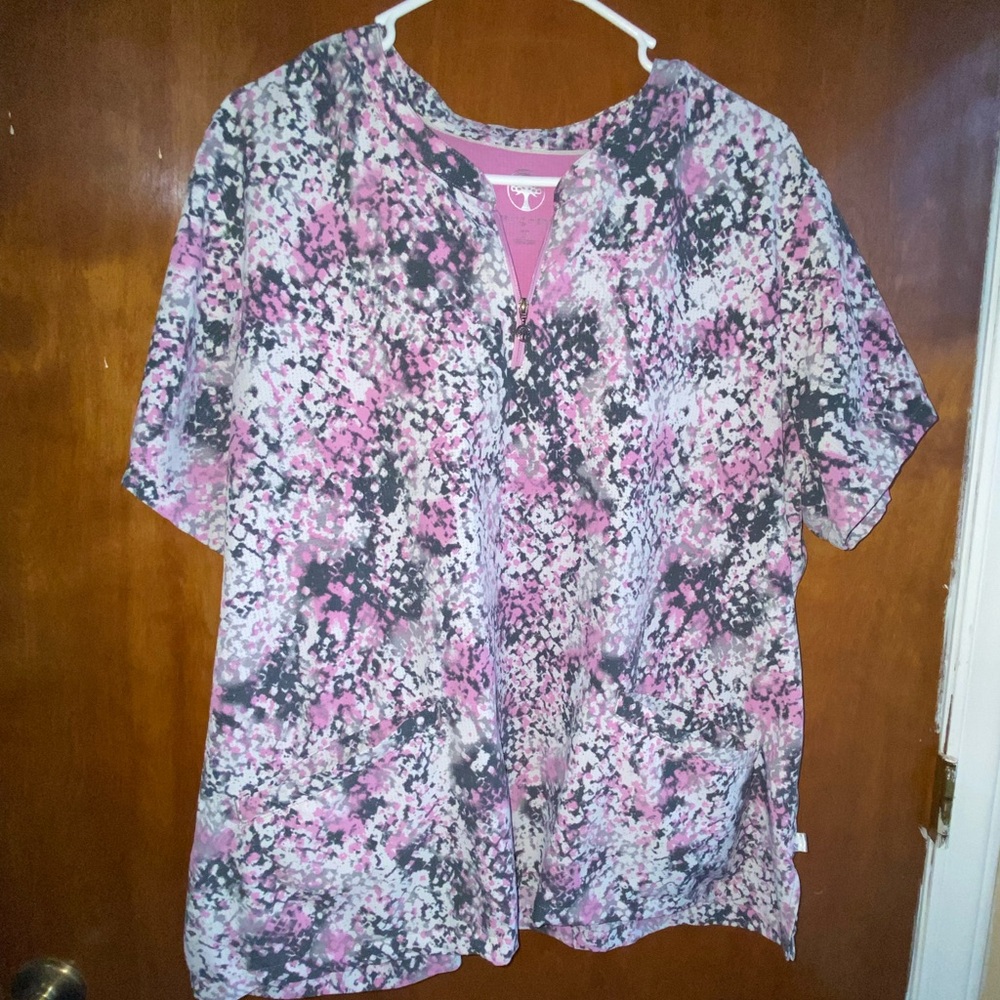 Healing Hands Pink and Gray Floral V-Neck Scrub Top